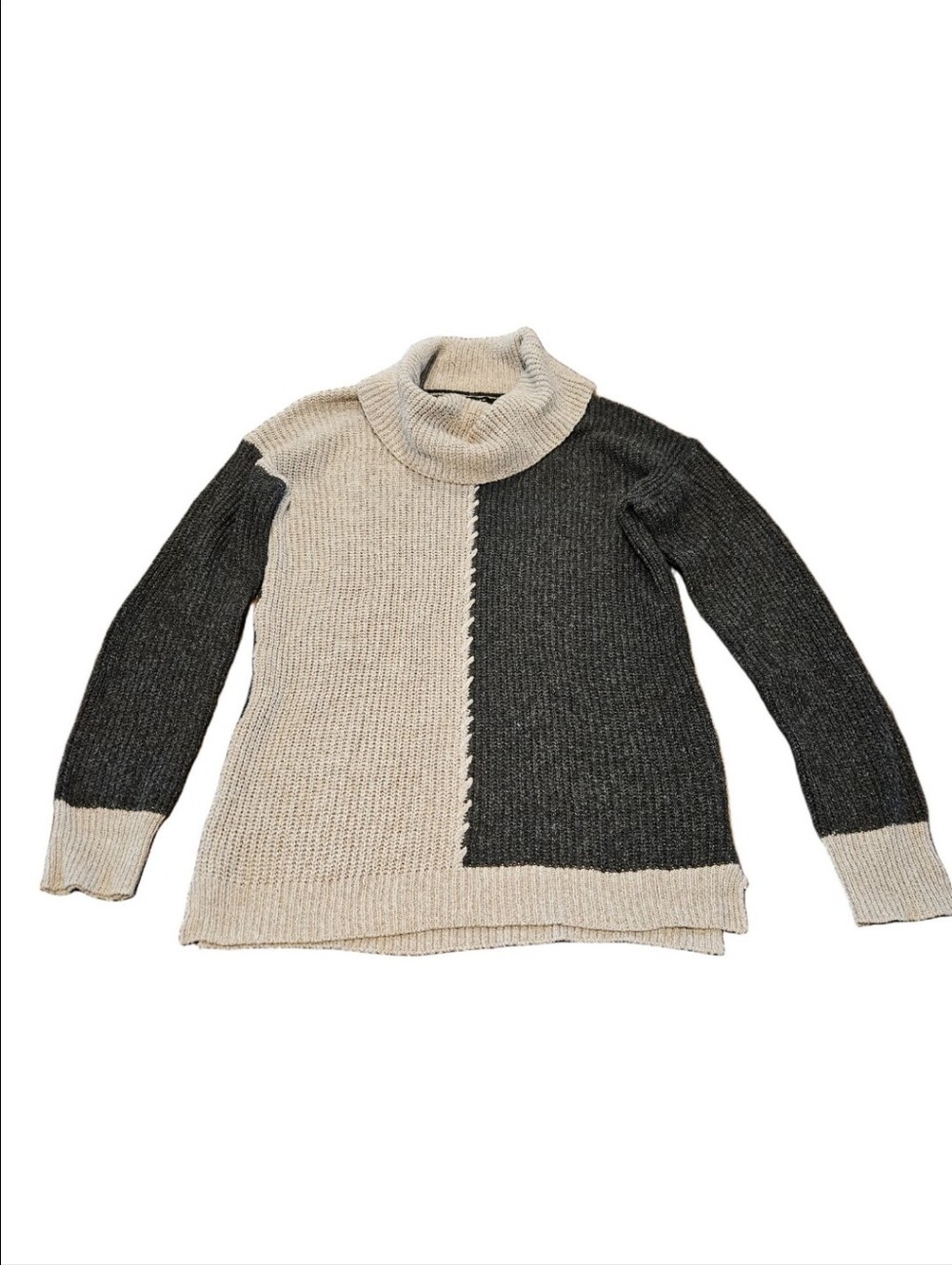STACCATO DARK GRAY & CREME PULLOVER RIB KNIT COWL NECK SWEATER SIZE MEDIUM
